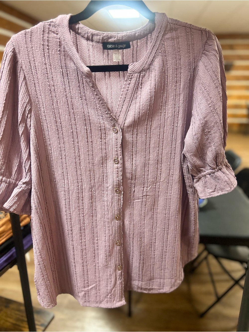 Cable & Gauge Lavendar Textured Button-Down Short Sleeve Blouse